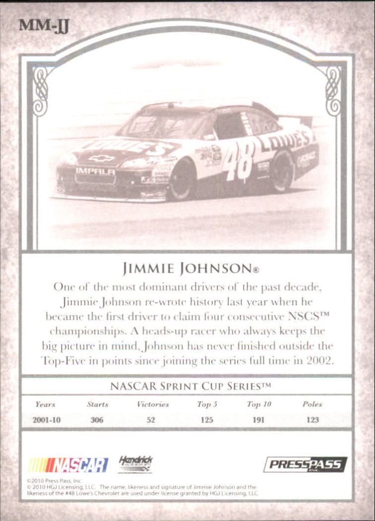 2010 Press Pass Legends Motorsports Masters Holofoil #MMJJ Jimmie Johnson back image