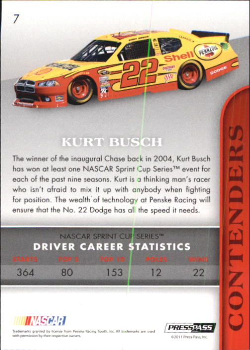2011 Press Pass Premium #7B Kurt Busch SP back image