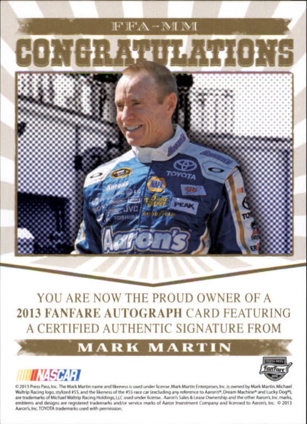 2013 Press Pass Fanfare Autographs Silver #MM Mark Martin/10 back image