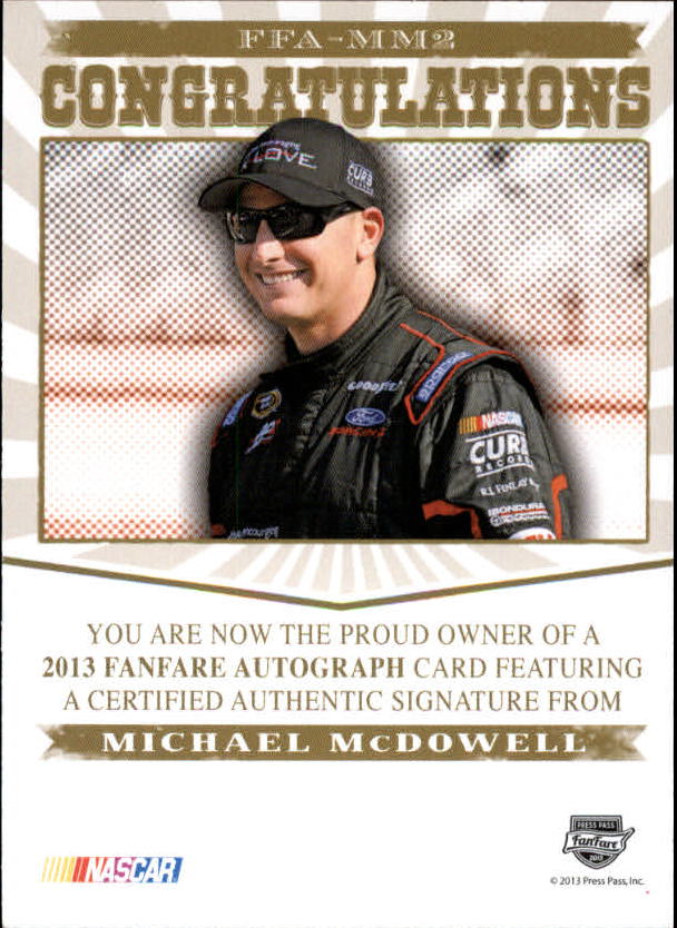 2013 Press Pass Fanfare Autographs Silver #MM2 Michael McDowell/118 back image