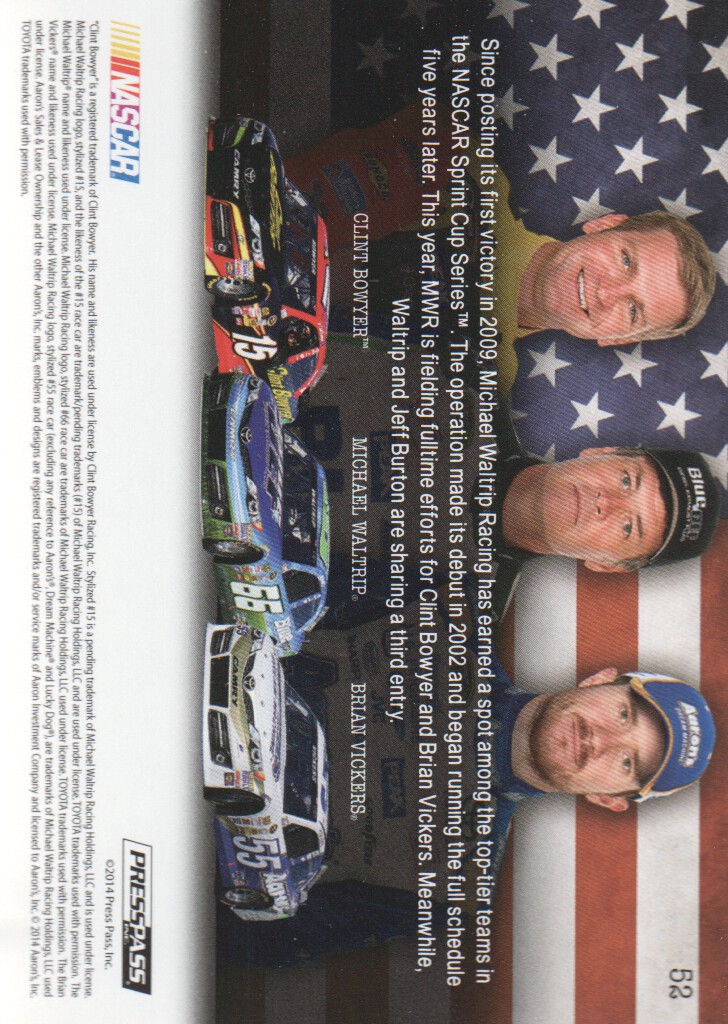 2014 Press Pass American Thunder #52 Clint Bowyer/Michael Waltrip/Brian Vickers BIA back image