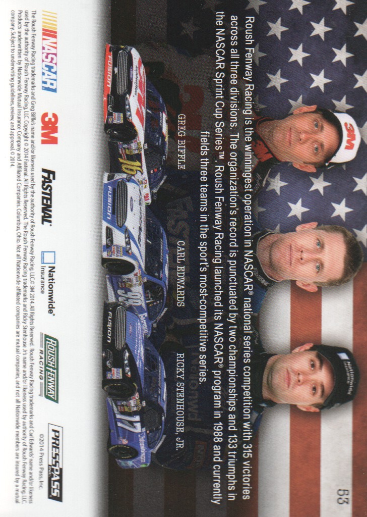 2014 Press Pass American Thunder #53 Greg Biffle/Carl Edwards/Ricky Stenhouse Jr. BIA back image