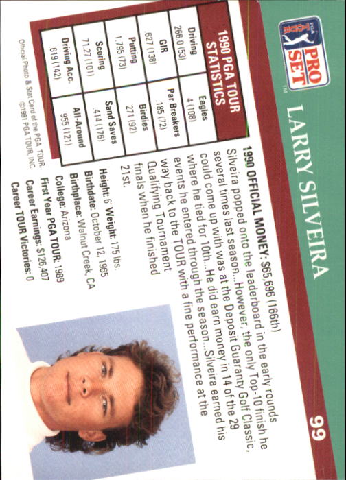 1991 Pro Set #99 Larry Silveira RC back image