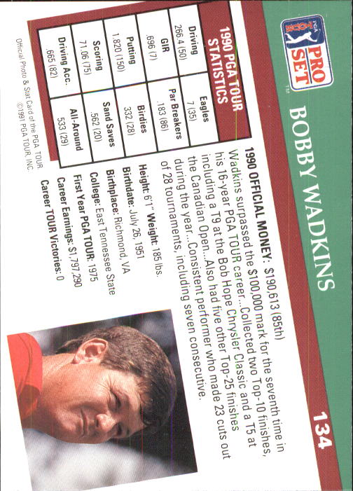 1991 Pro Set #134 Bobby Wadkins RC back image