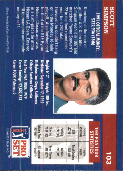 1992 Pro Set #103 Scott Simpson back image