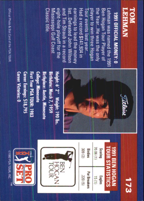 1992 Pro Set #173 Tom Lehman RC back image