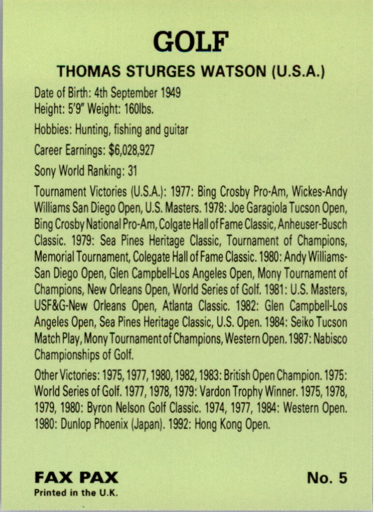 1993 Fax Pax Famous Golfers #5 Tom Watson back image