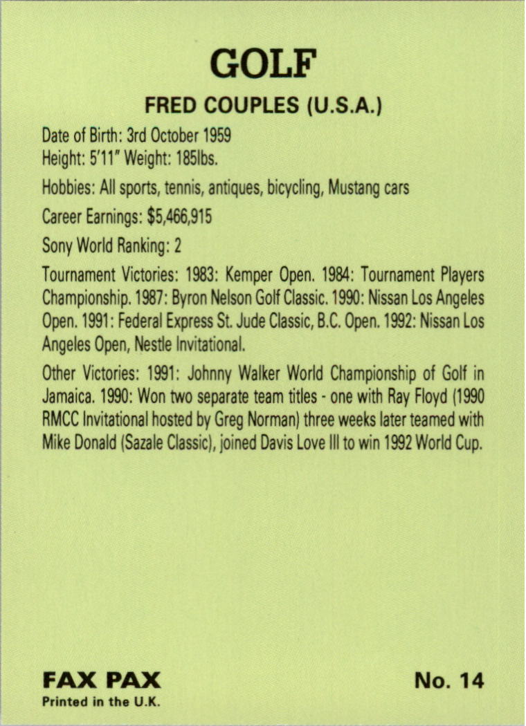 1993 Fax Pax Famous Golfers #14 Fred Couples back image