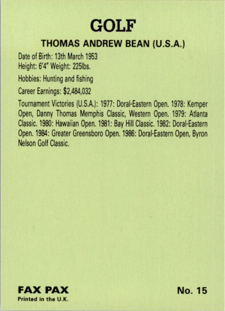 1993 Fax Pax Famous Golfers #15 Andy Bean back image