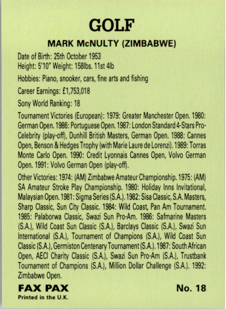 1993 Fax Pax Famous Golfers #18 Mark McNulty back image