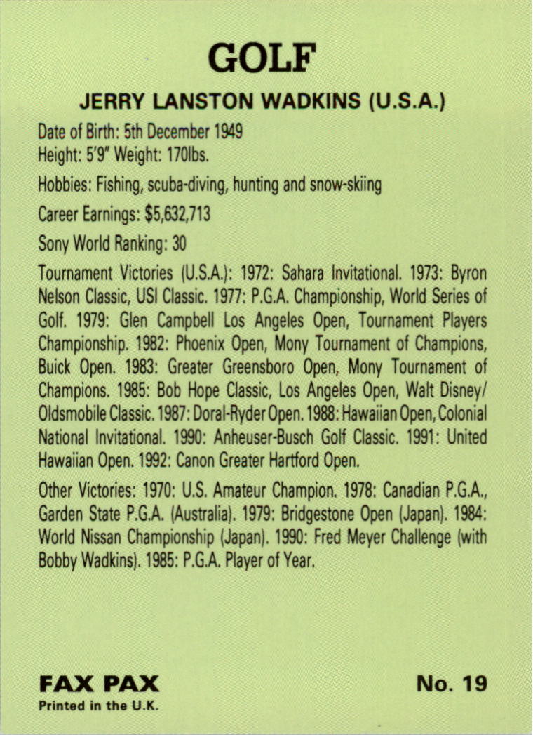 1993 Fax Pax Famous Golfers #19 Lanny Wadkins back image