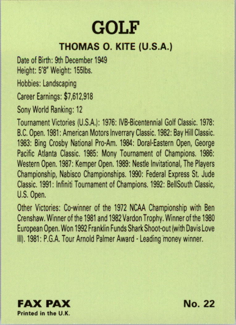 1993 Fax Pax Famous Golfers #22 Tom Kite back image