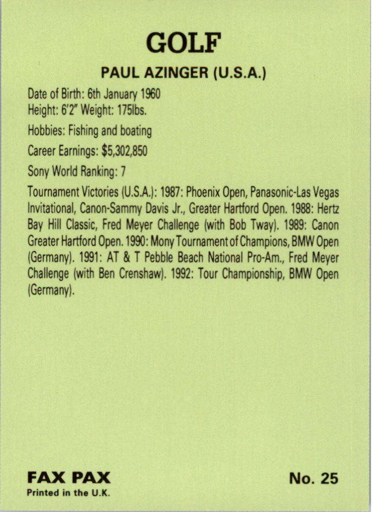 1993 Fax Pax Famous Golfers #25 Paul Azinger back image
