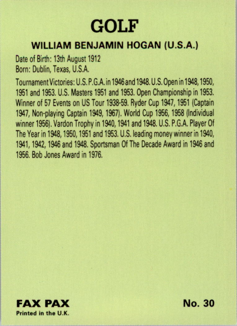 1993 Fax Pax Famous Golfers #30 Ben Hogan back image