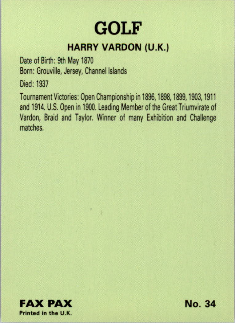 1993 Fax Pax Famous Golfers #34 Harry Vardon UER back image