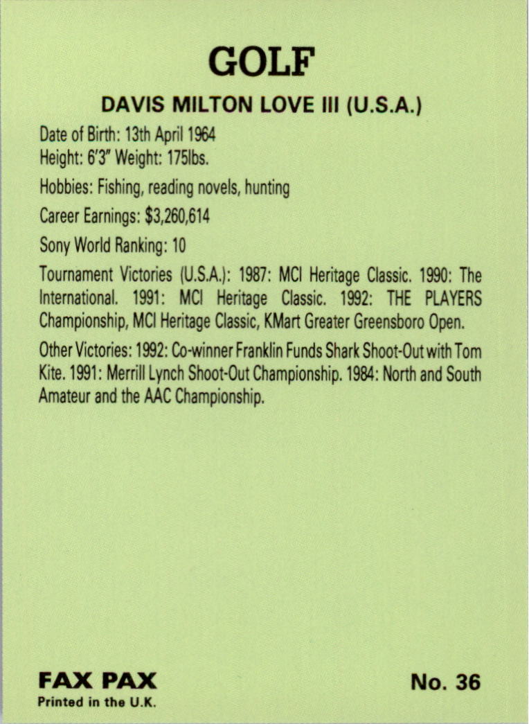 1993 Fax Pax Famous Golfers #36 Davis Love III back image