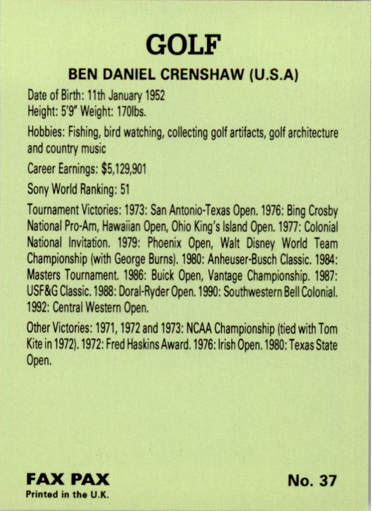 1993 Fax Pax Famous Golfers #37 Ben Crenshaw back image