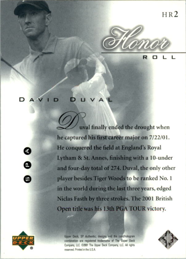 2001 SP Authentic Honor Roll #HR2 David Duval back image