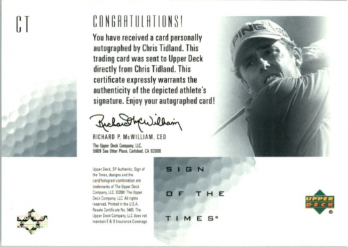 2001 SP Authentic Sign of the Times #CT Chris Tidland back image