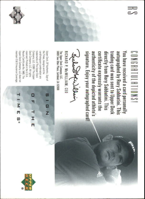 2001 SP Authentic Sign of the Times #RS Rory Sabbatini back image