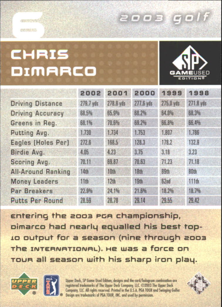 2003 SP Game Used #6 Chris DiMarco back image