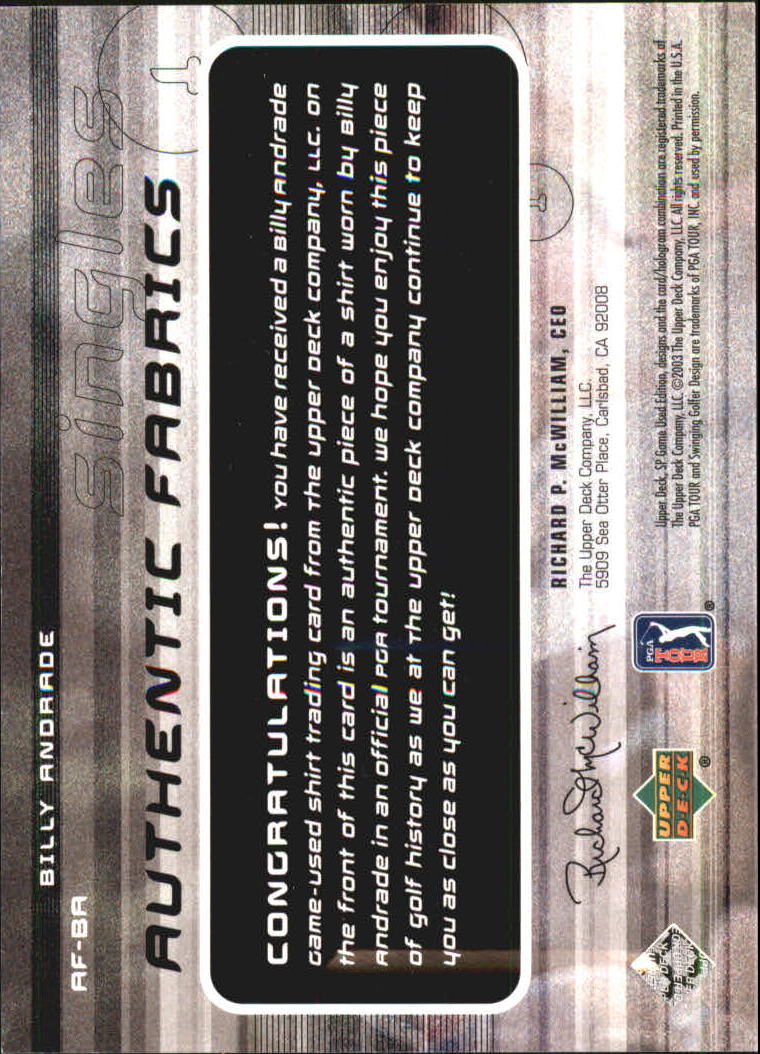 2003 SP Game Used Authentic Fabrics Singles #BA Billy Andrade back image
