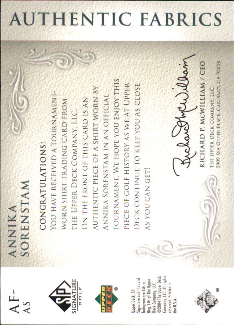 2004 SP Signature Authentic Fabrics Singles #AS Annika Sorenstam back image