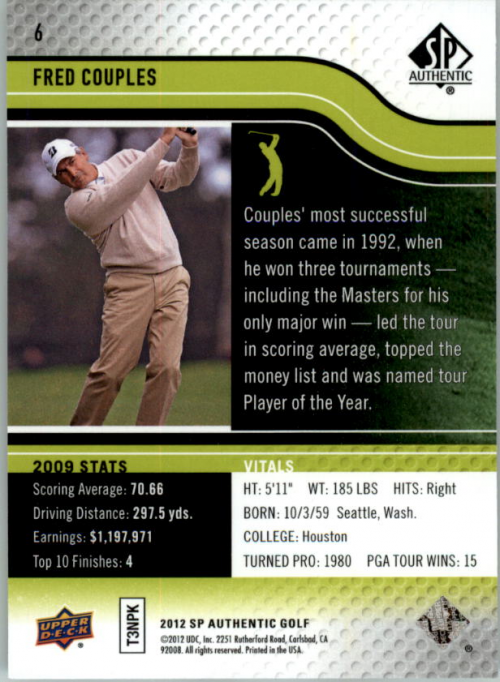 2012 SP Authentic #6 Fred Couples back image