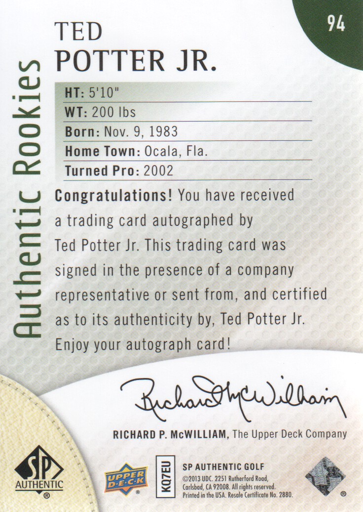 2014 SP Authentic #94 Ted Potter Jr. AU/699 RC back image