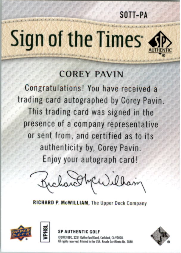 2014 SP Authentic Sign of the Times #SOTTPA Corey Pavin D back image
