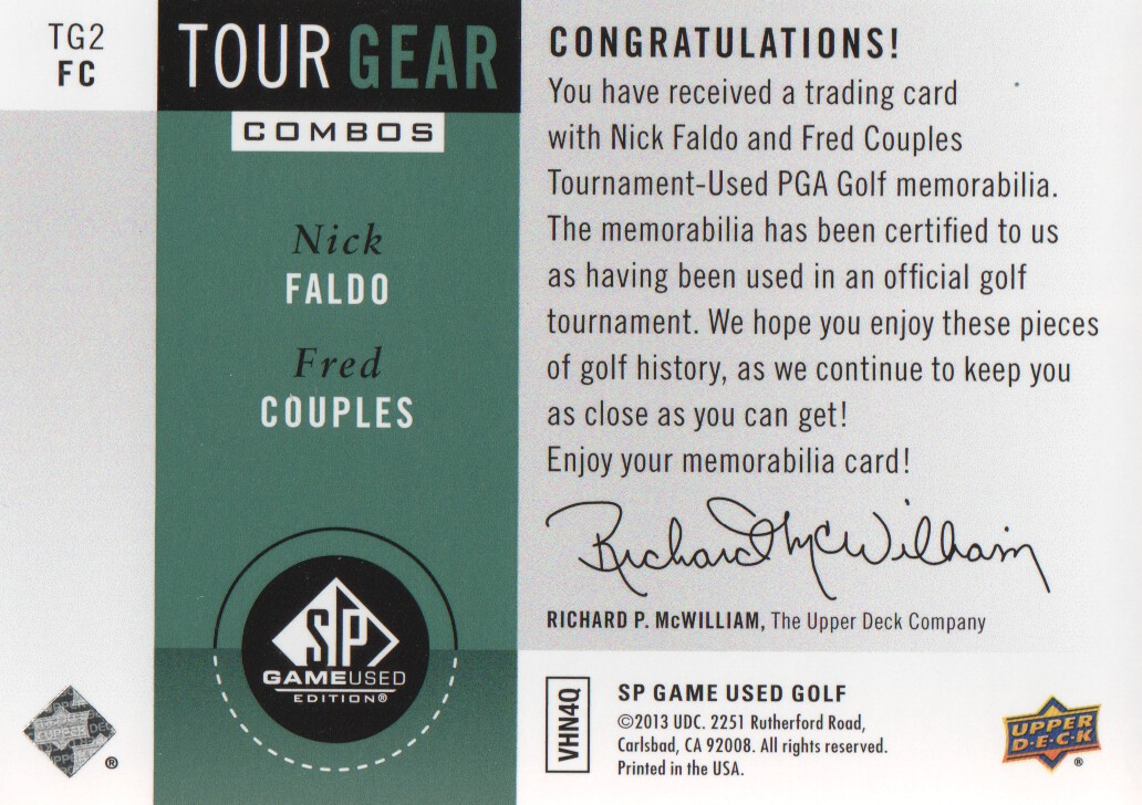 2014 SP Game Used Tour Gear Dual #TG2FC Nick Faldo/Fred Couples B back image