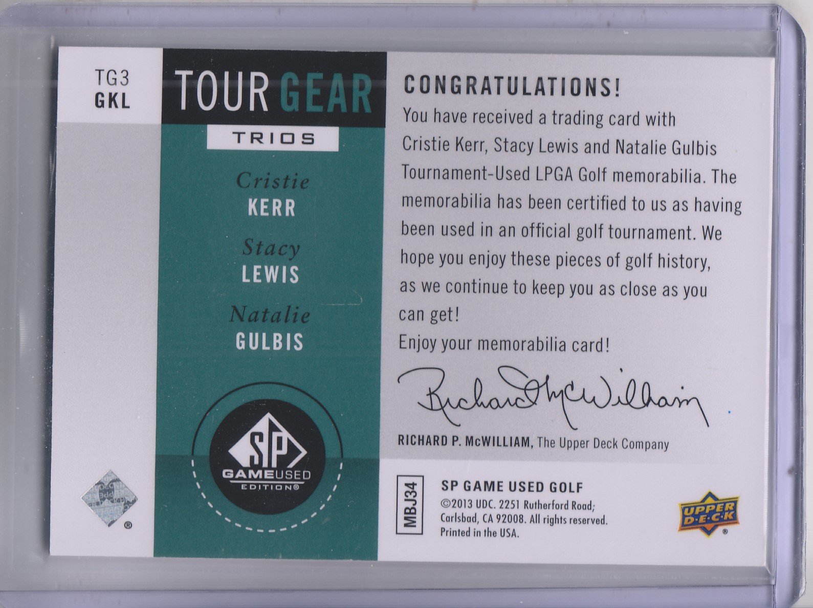 2014 SP Game Used Tour Gear Triple #TG3GKL Natalie Gulbis/Cristie Kerr/Stacy Lewis C back image