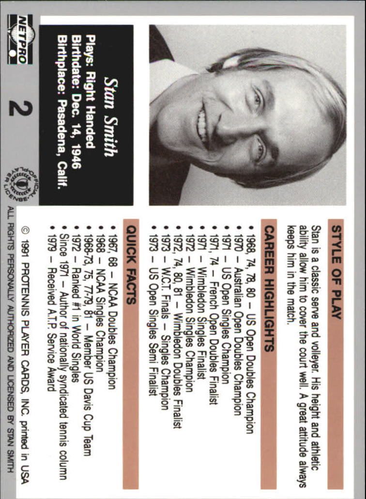 1991 NetPro Legends #2 Stan Smith RC back image
