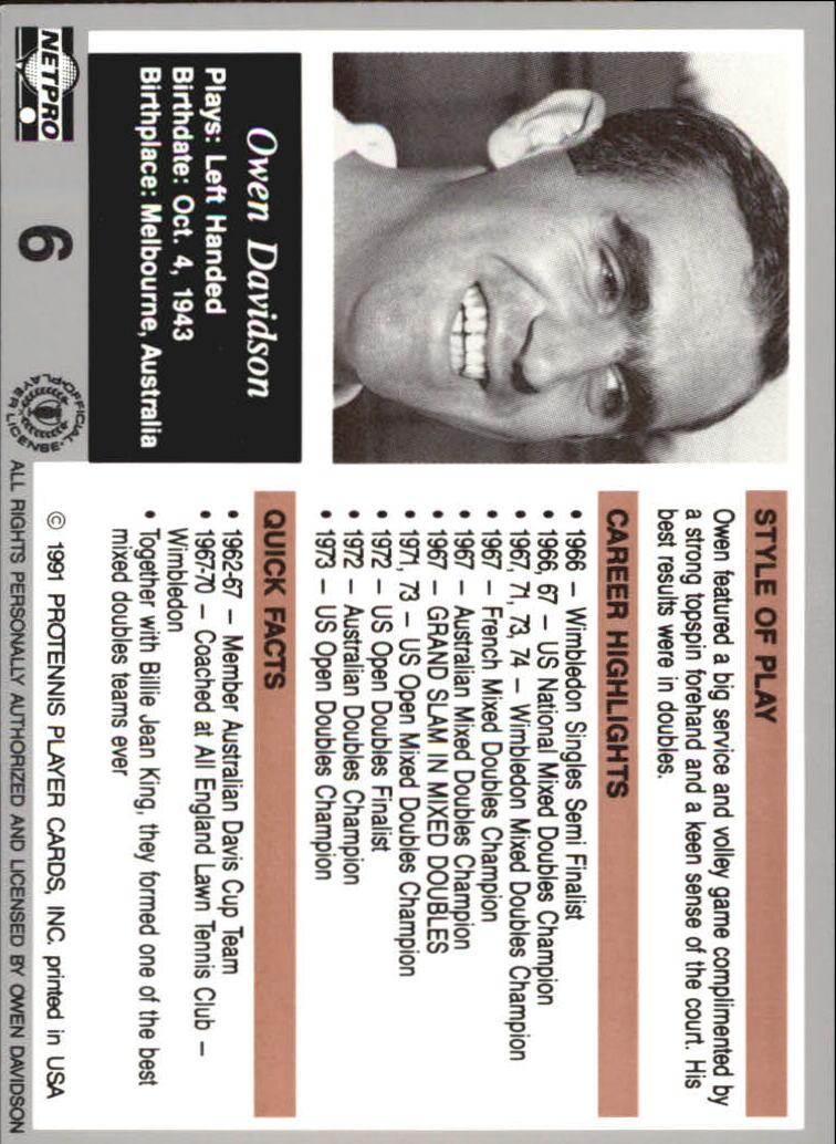 1991 NetPro Legends #6 Owen Davidson RC back image