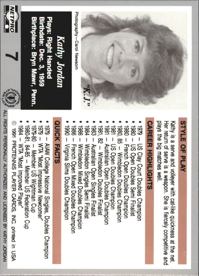 1991 NetPro Legends #7 Kathy Jordan RC back image