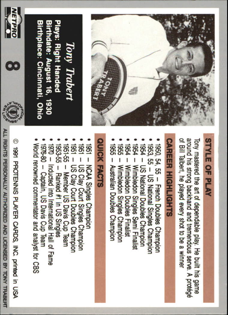 1991 NetPro Legends #8 Tony Trabert RC back image
