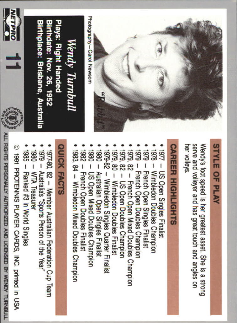 1991 NetPro Legends #11 Wendy Turnbull RC back image
