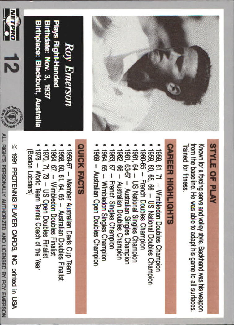 1991 NetPro Legends #12 Roy Emerson RC back image