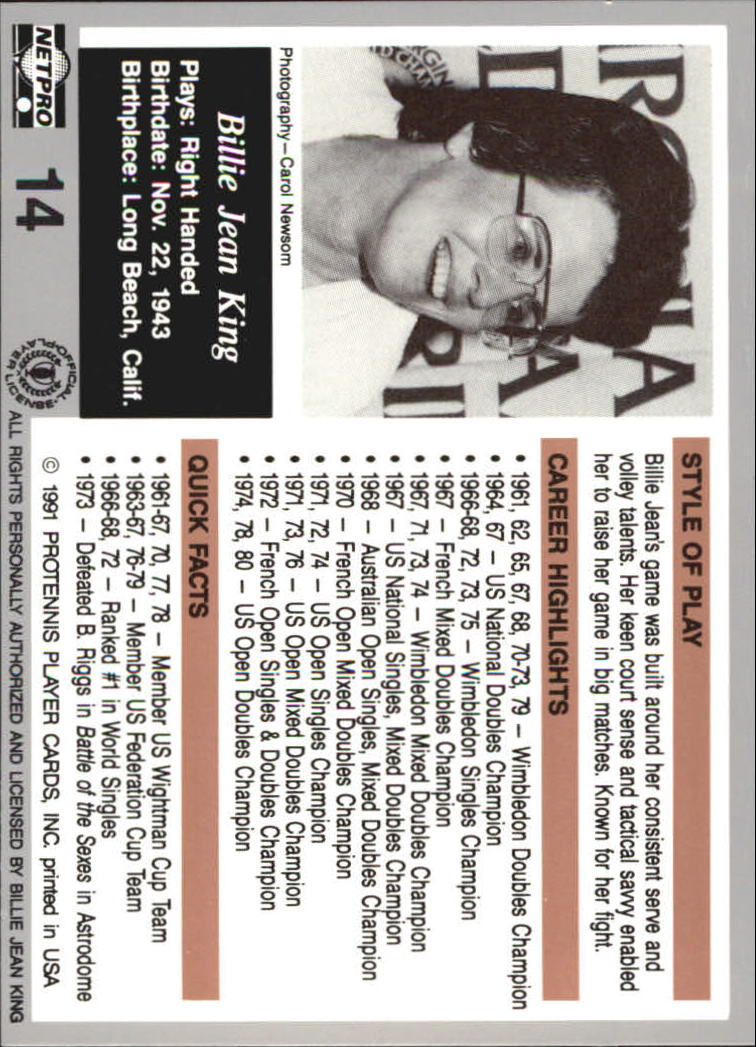 1991 NetPro Legends #14 Billie Jean King RC back image