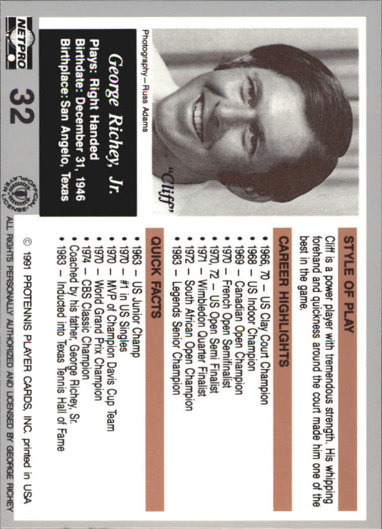 1991 NetPro Legends #32 Cliff Richey RC back image