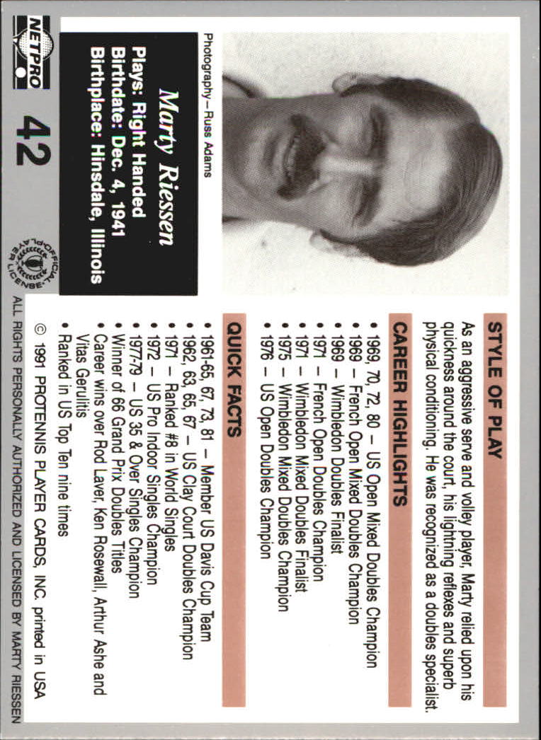 1991 NetPro Legends #42 Marty Riessen RC back image