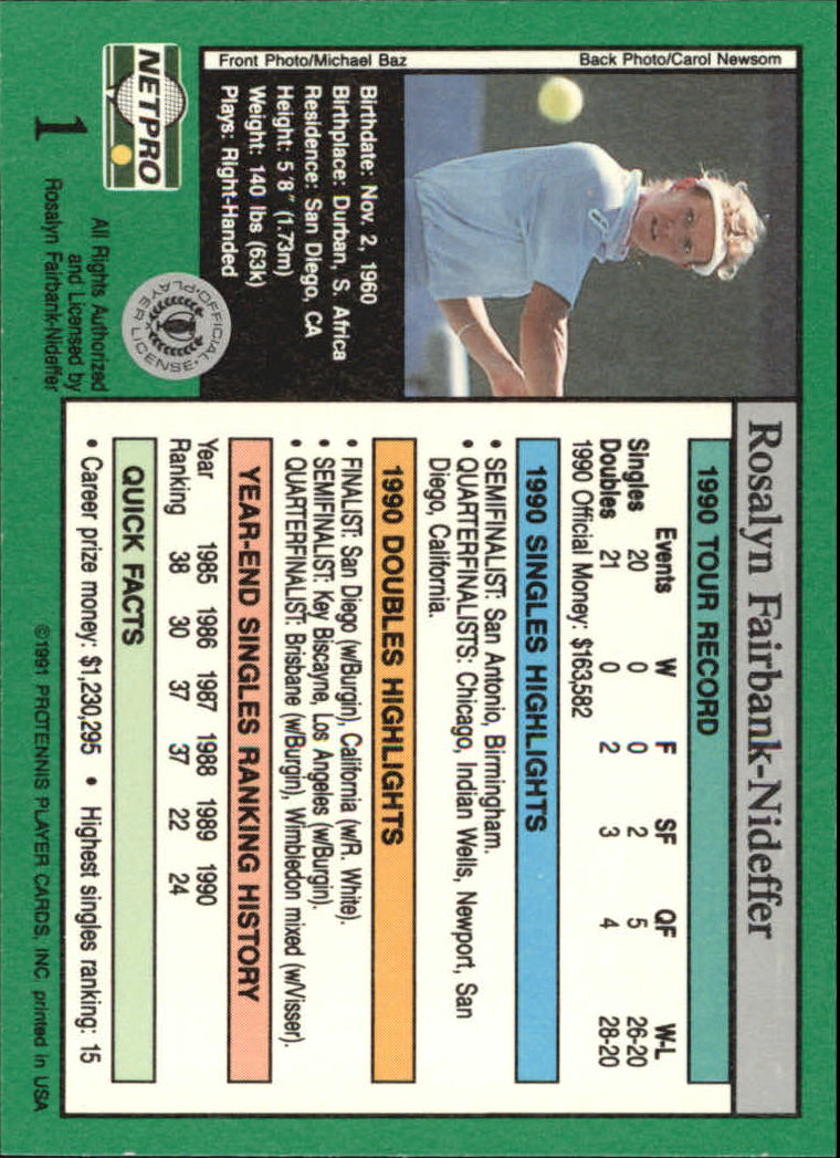 1991 NetPro Tour Stars #1 Ros Fairbank-Nideffer RC back image