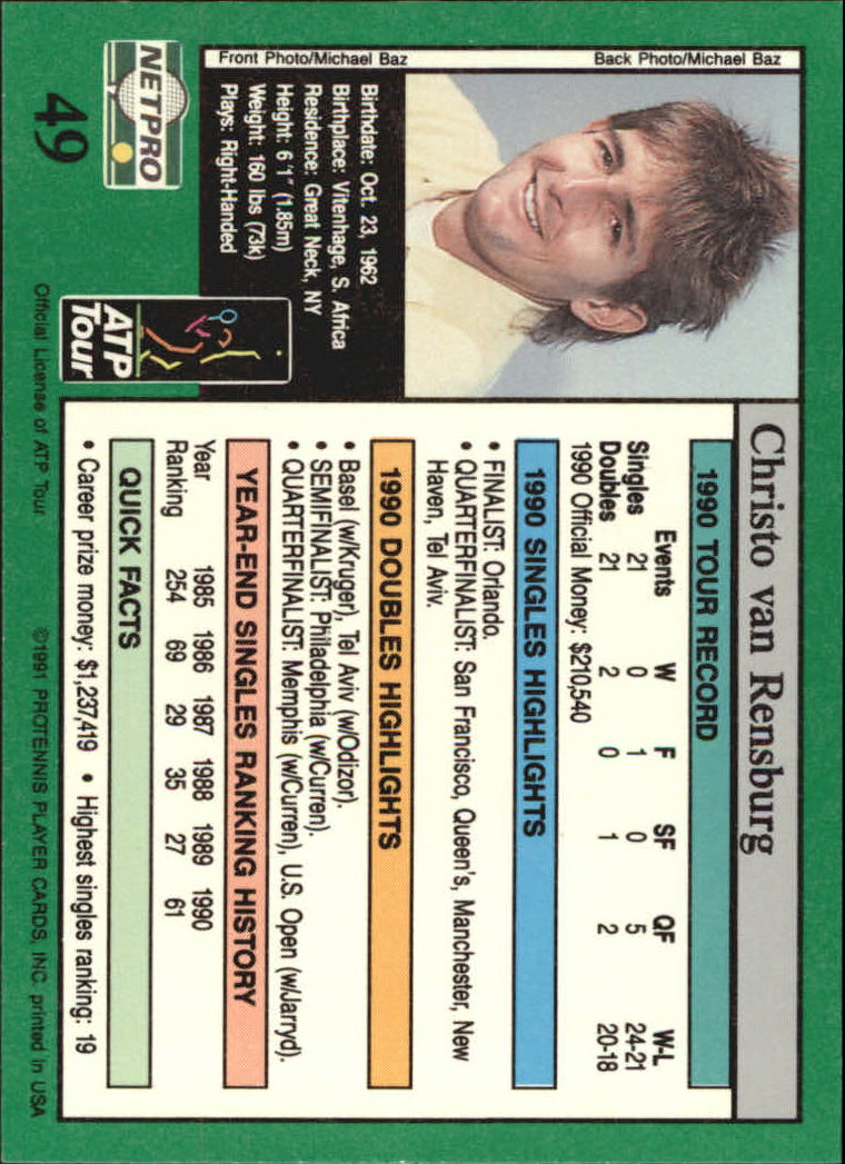 1991 NetPro Tour Stars #49 Christo van Rensburg RC back image
