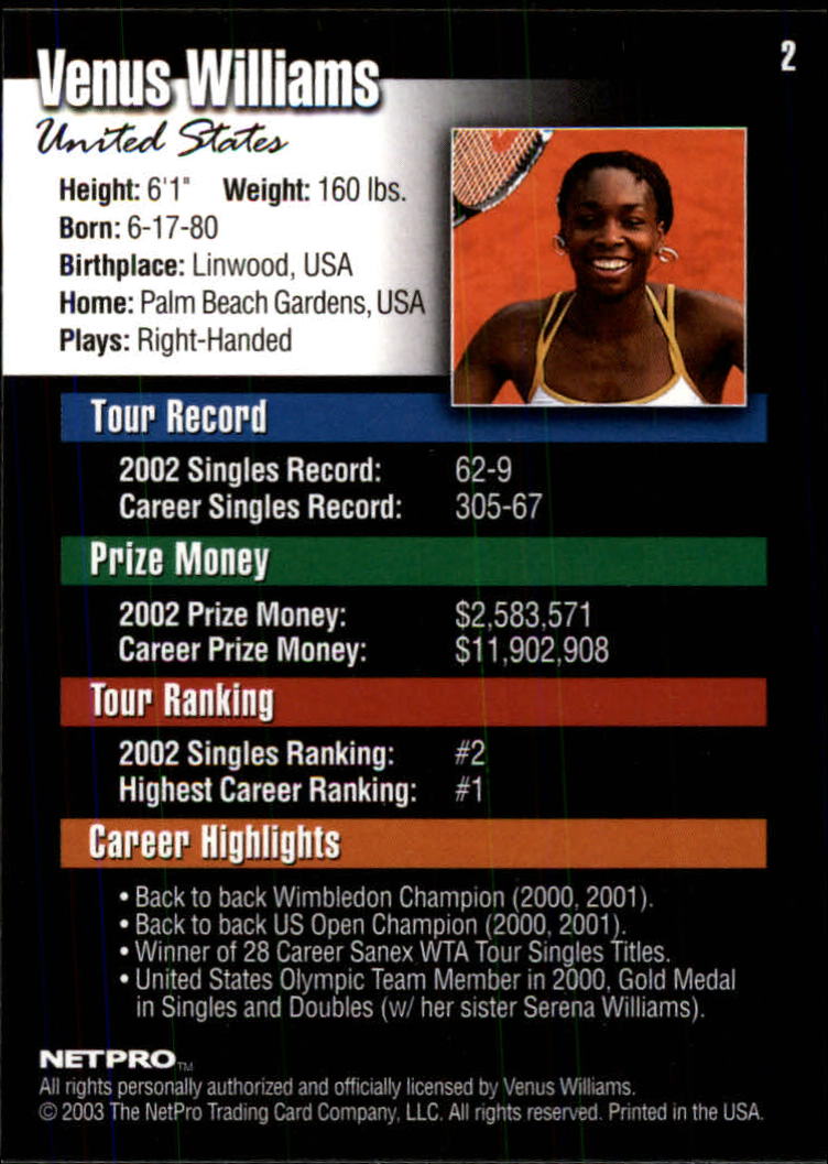 2003 NetPro #2 Venus Williams RC back image