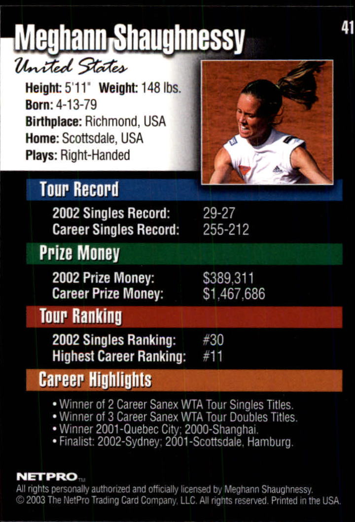 2003 NetPro #41 Meghann Shaughnessy RC back image