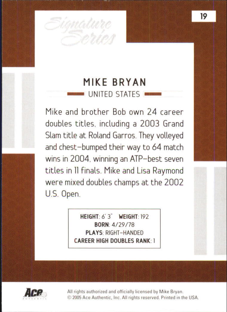 2005 Ace Authentic Signature Series #19 Mike Bryan back image