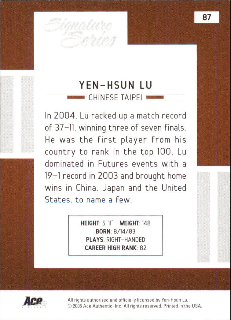 2005 Ace Authentic Signature Series #87 Yen-Hsun Lu RC back image