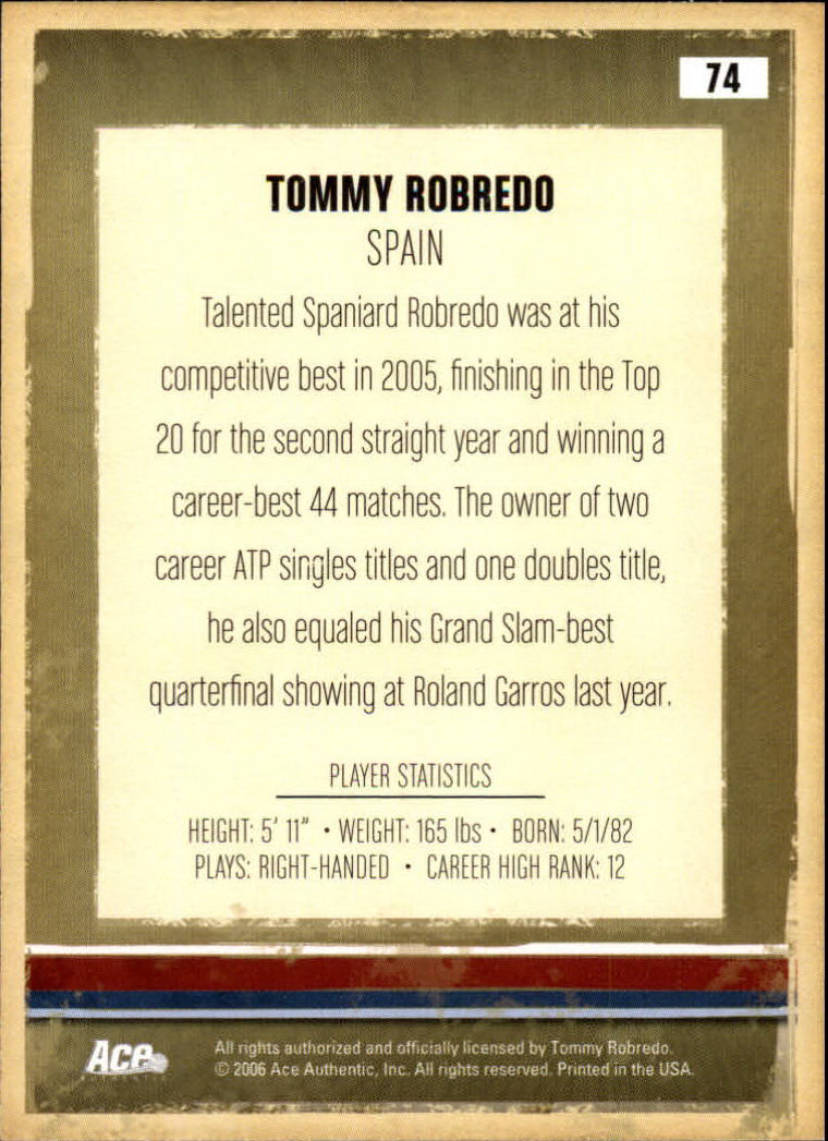 2006 Ace Authentic Heroes and Legends #74 Tommy Robredo back image