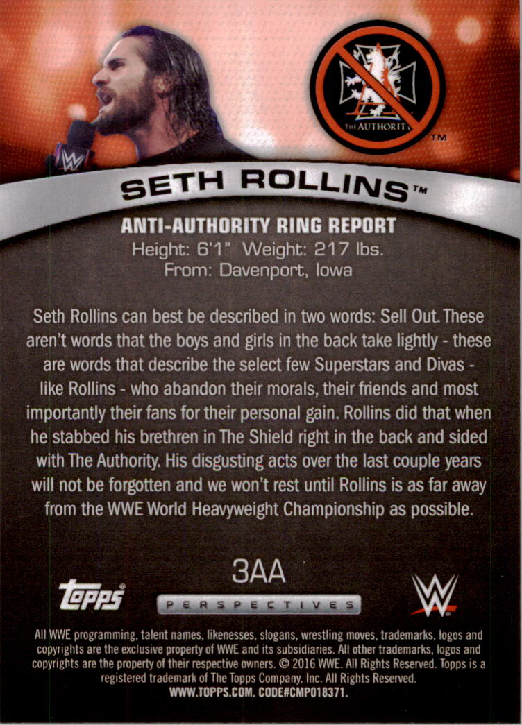 2016 Topps WWE Anti-Authority Perspectives #3AA Seth Rollins back image