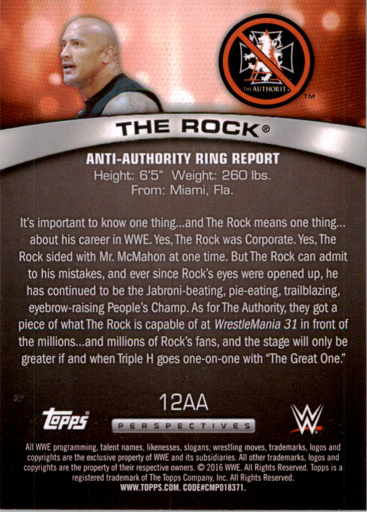 2016 Topps WWE Anti-Authority Perspectives #12AA The Rock back image